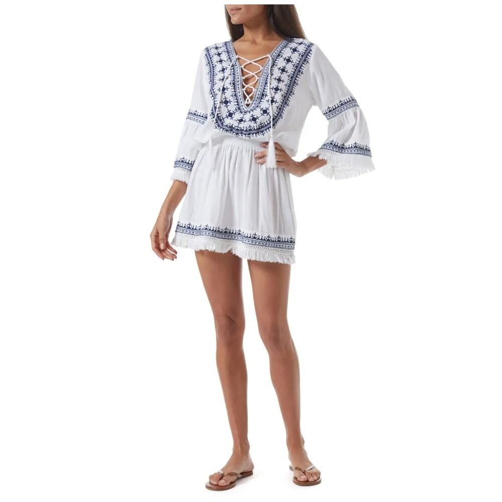 Melissa Odabash Martina Embroidered White Blue Cotton Linen Mini Dress M Resort
